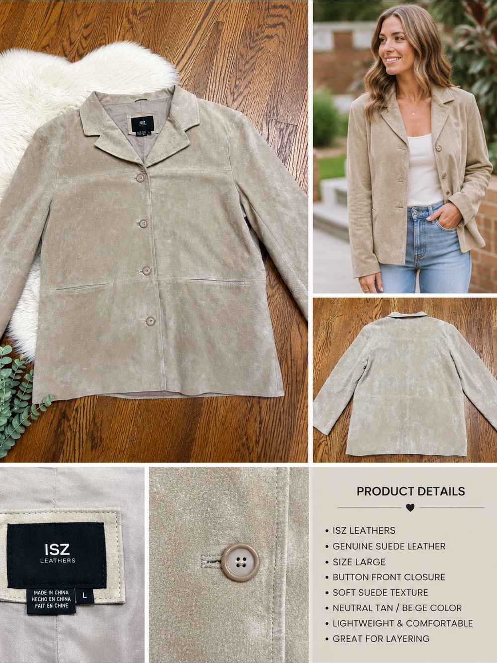 ISZ Leathers Genuine Suede Women’s Jacket Blazer Tan Beige Size Large